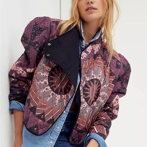 FREE PEOPLE Women's Geometric Bomber Quilted Jacket - Purple and Black